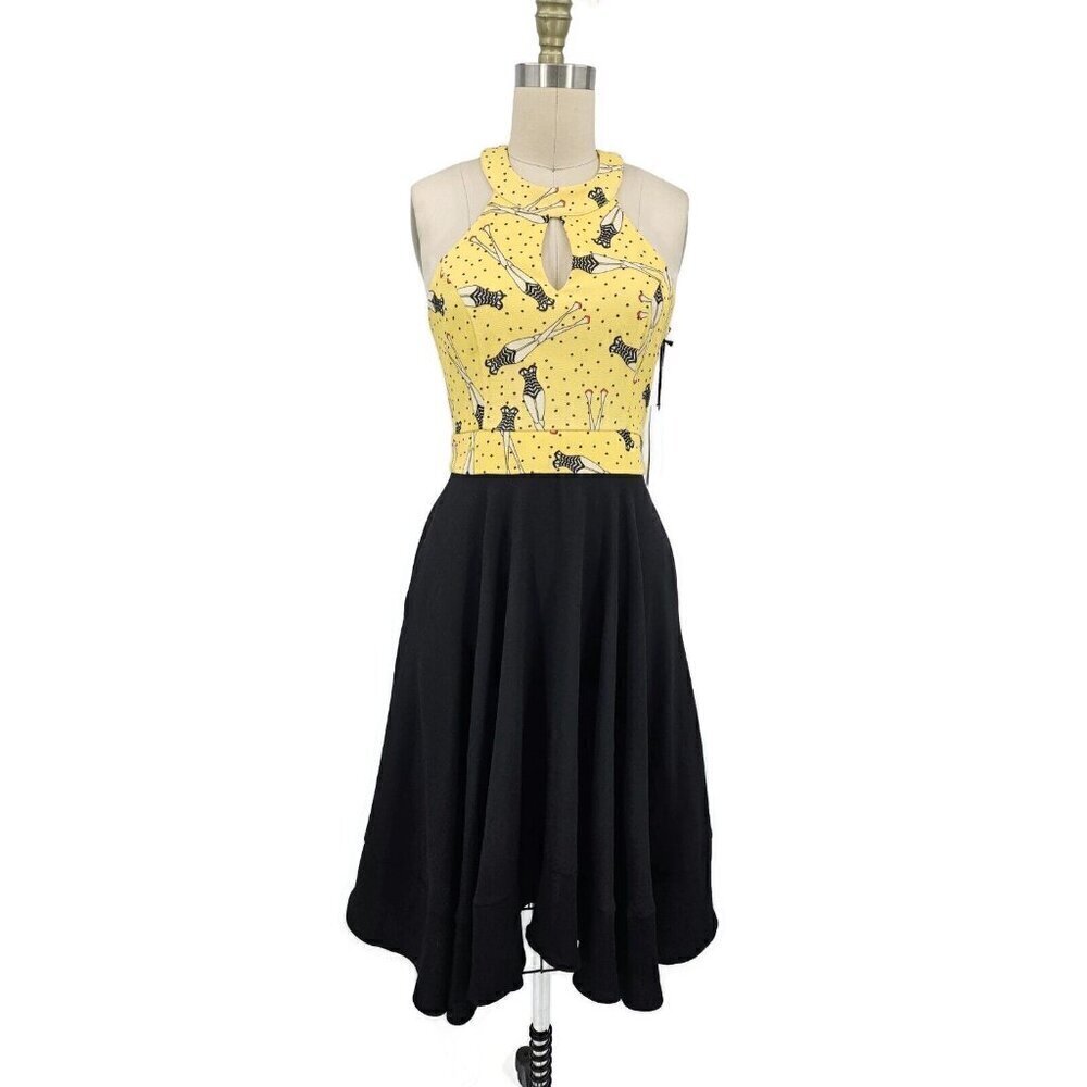 New Smak Parlour Pinup Picnic Dress Womens S? Circle Skirt Black Yellow